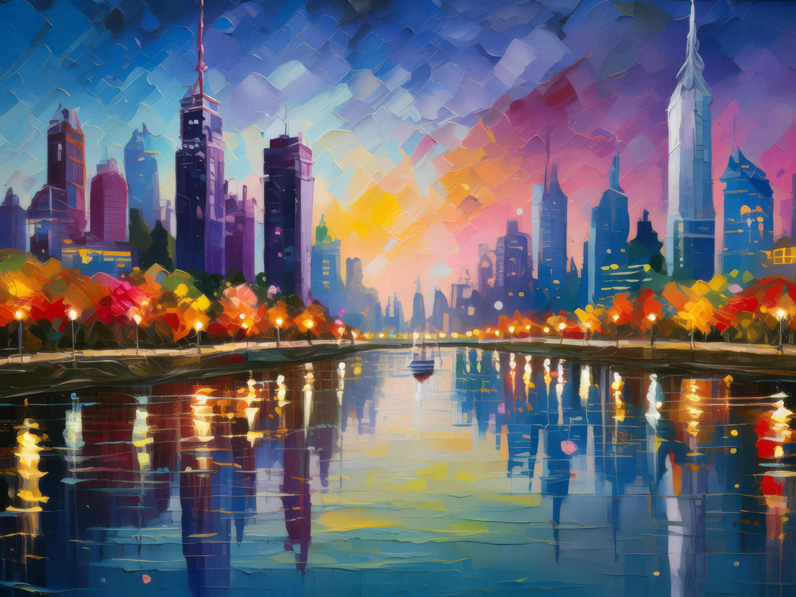 Cityscape Reflection in River, a palette-knife oil landscape by Emma Mickelberg