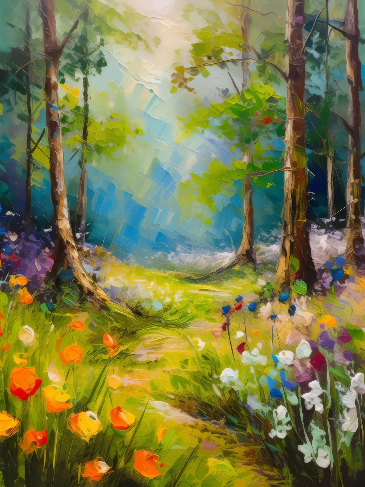 Clearing with Spring Flowers, a palette-knife oil landscape by Emma Mickelberg
