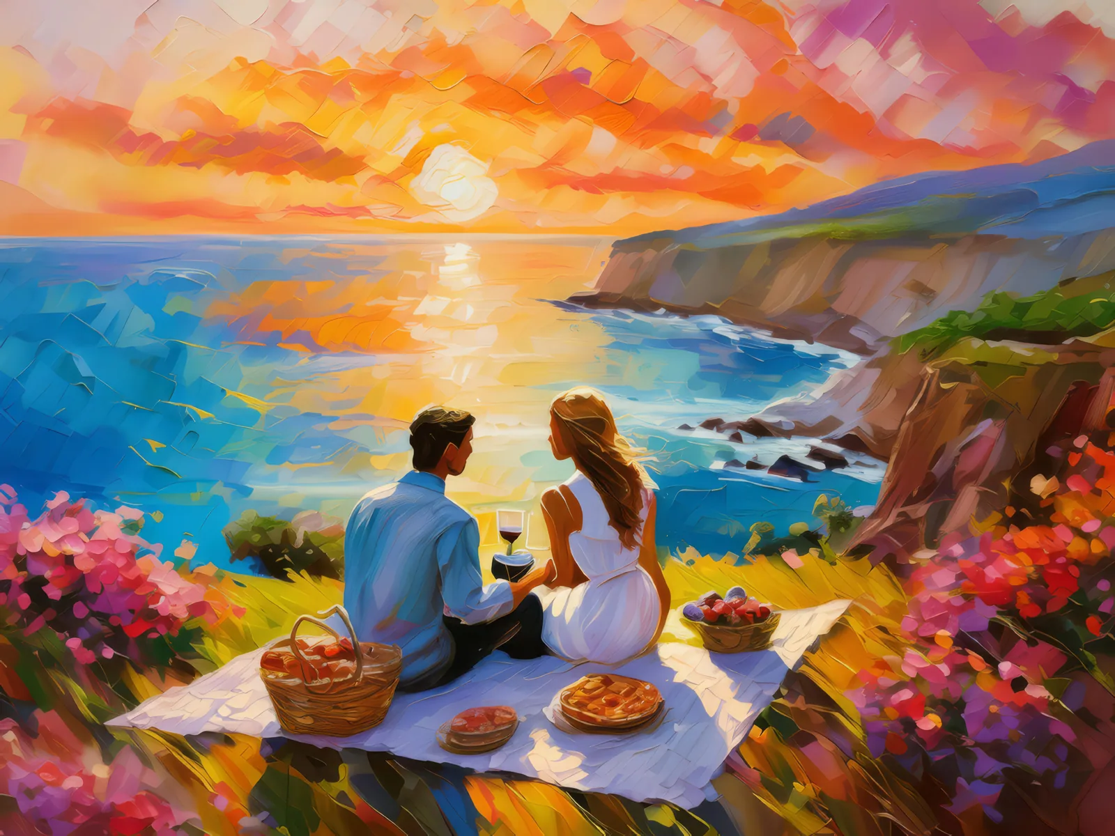 Cliffside Sunset Picnic, a palette-knife oil landscape by Emma Mickelberg