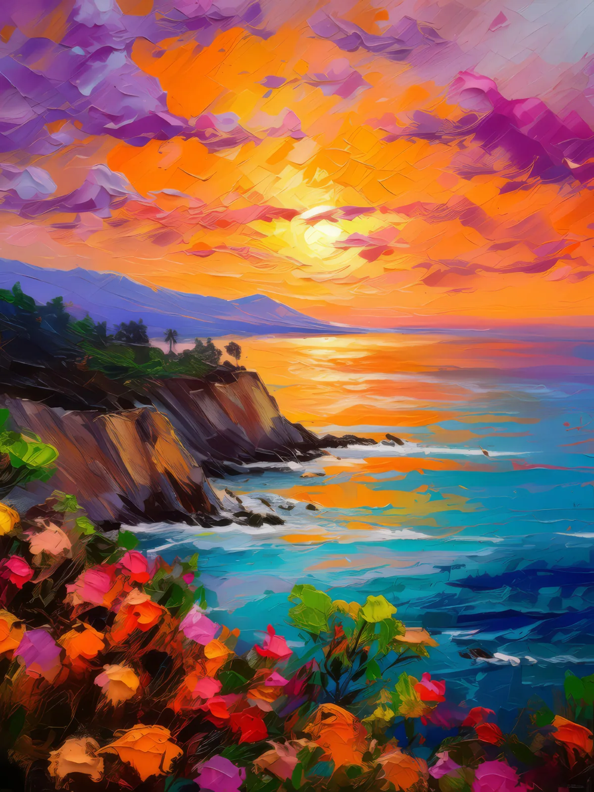 Clifftop Sunset Bluff, a palette-knife oil landscape by Emma Mickelberg