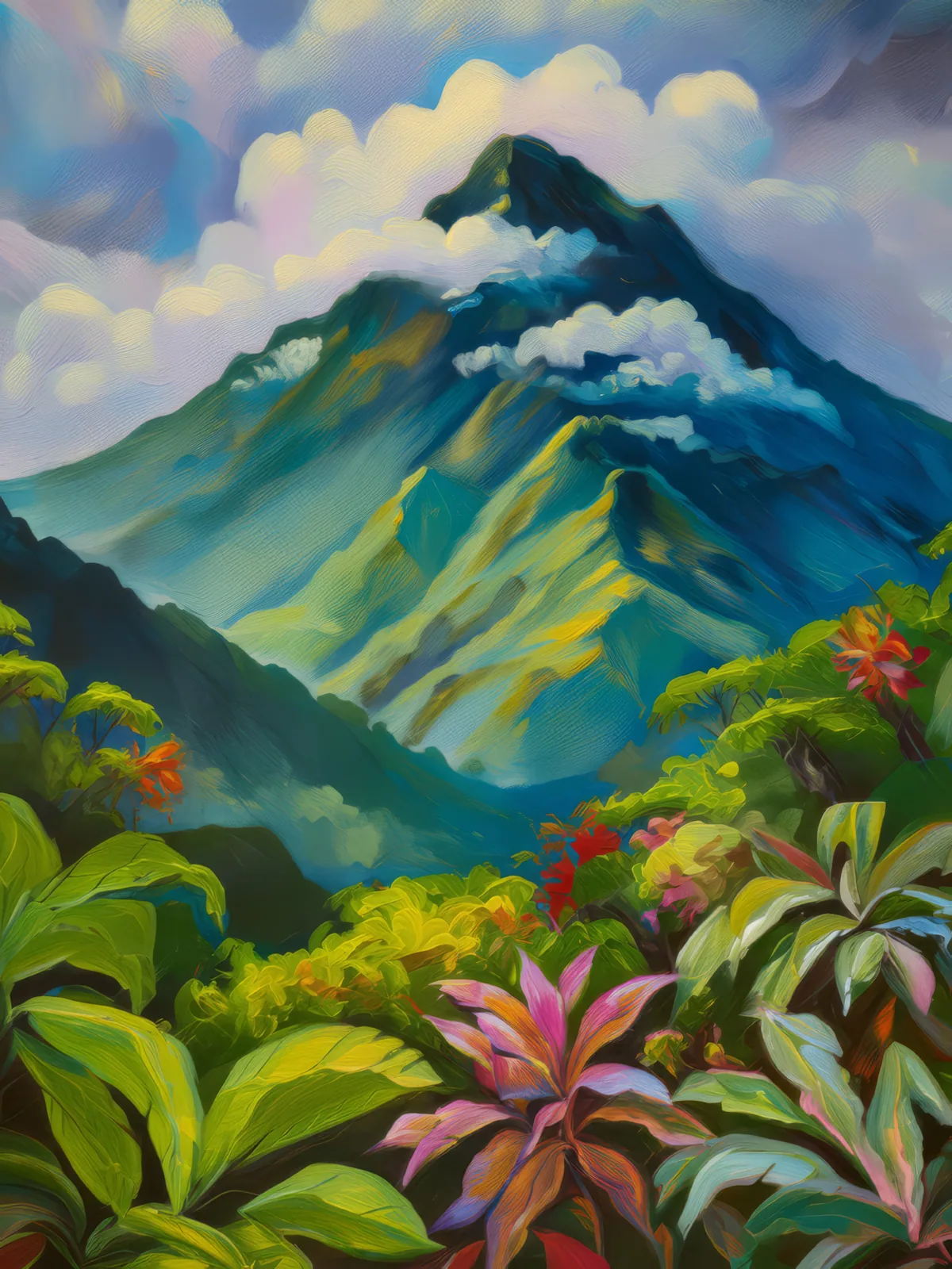 Cloud-Covered Peaks, a palette-knife oil landscape by Emma Mickelberg