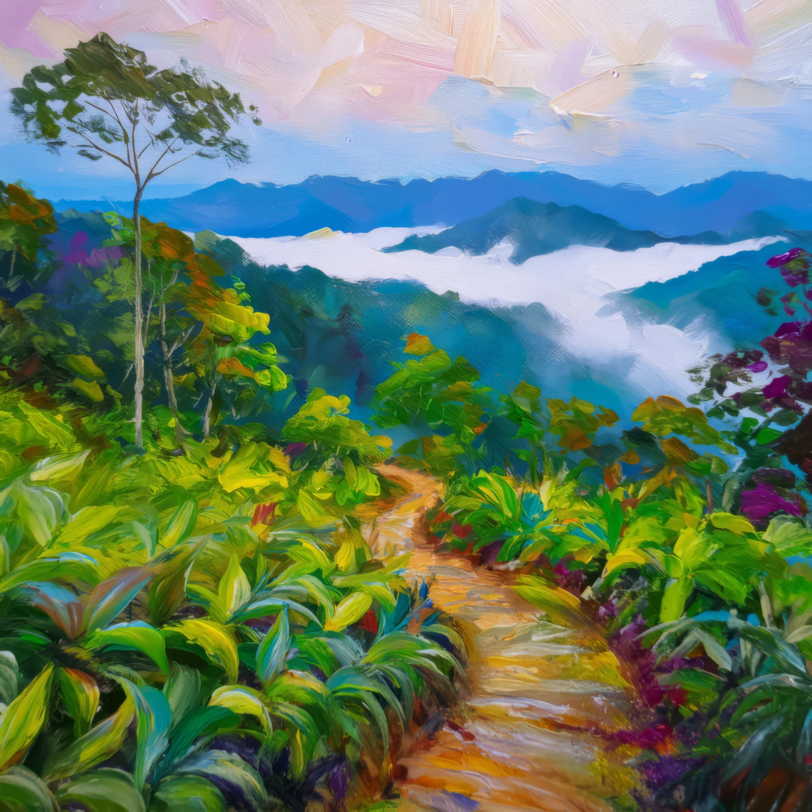 Cloud Forest Mountain Trail, a palette-knife oil landscape by Emma Mickelberg