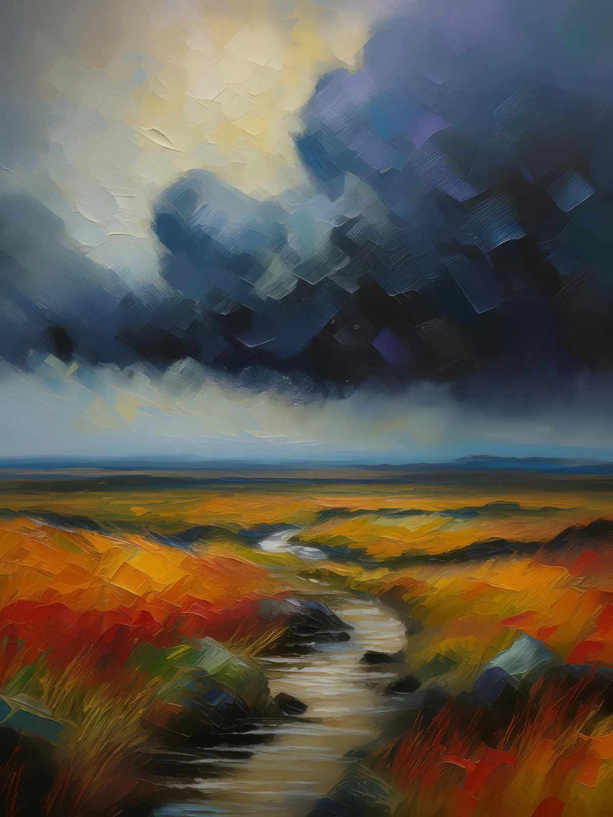 Clouds Gather Over Moor, a palette-knife oil landscape by Emma Mickelberg