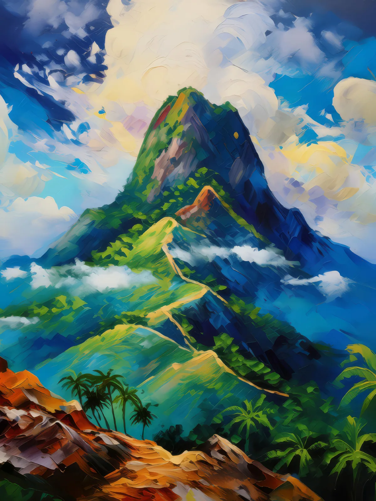 Clouds Gathering Mountain Top, a palette-knife oil landscape by Emma Mickelberg