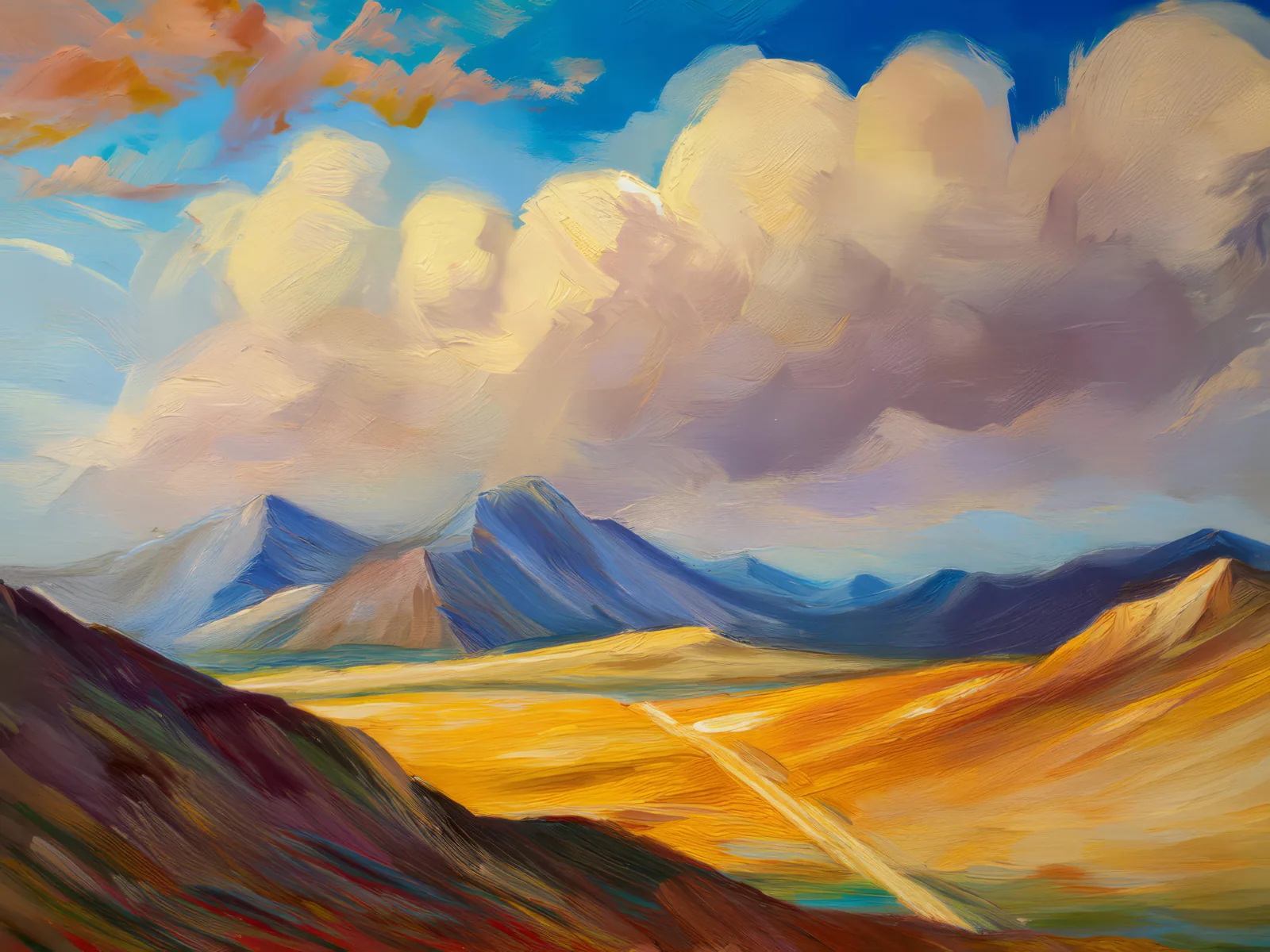 Clouds Over Alpine Desert Peaks, a palette-knife oil landscape by Emma Mickelberg