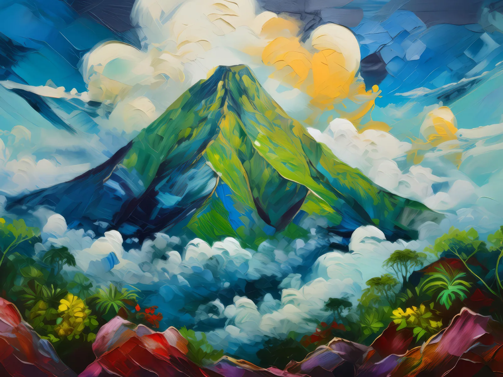 Clouds Over Tropical Summit, a palette-knife oil landscape by Emma Mickelberg