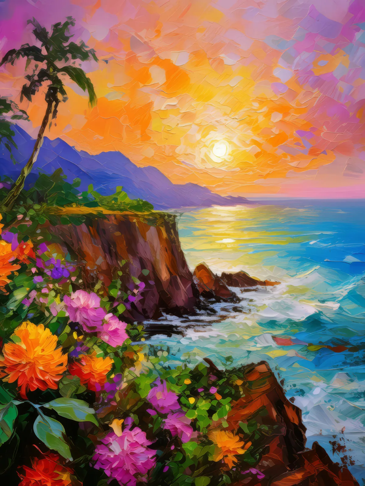 Coastal Cliff Sunset, a palette-knife oil landscape by Emma Mickelberg
