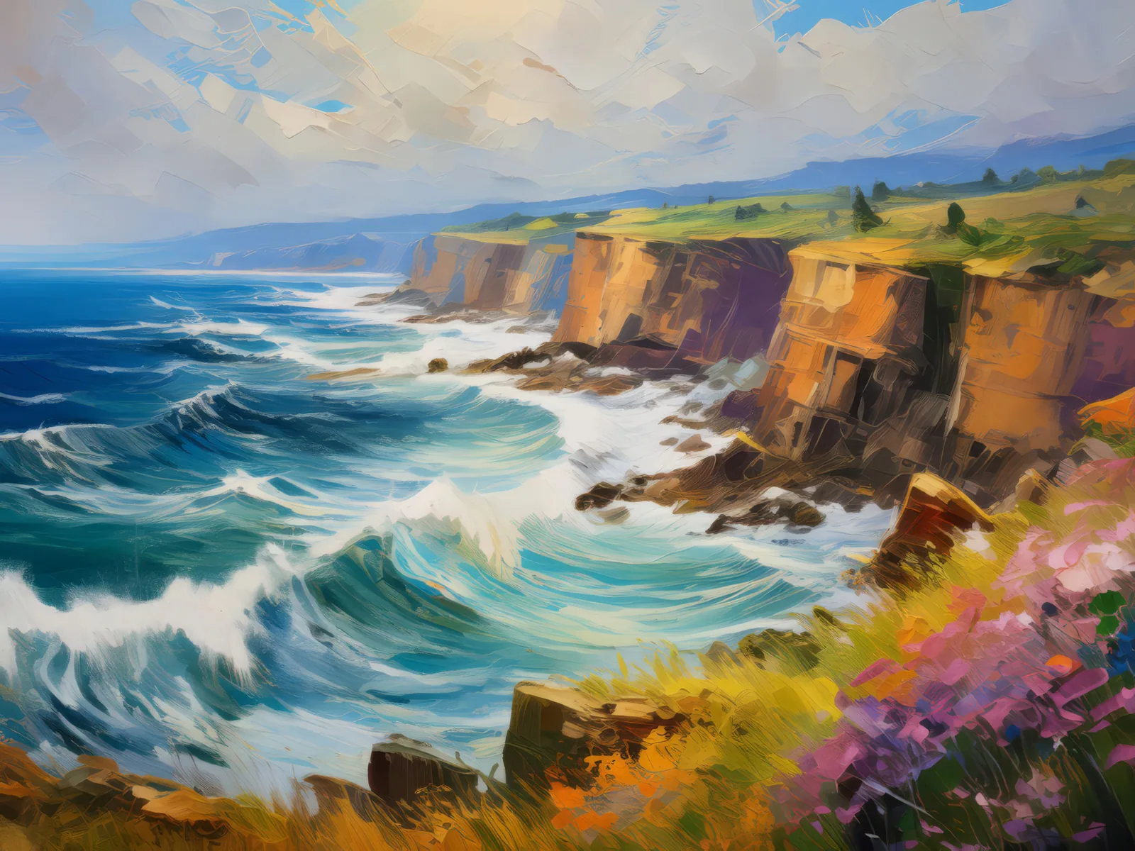 Coastal Cliffs at High Tide, a palette-knife oil landscape by Emma Mickelberg