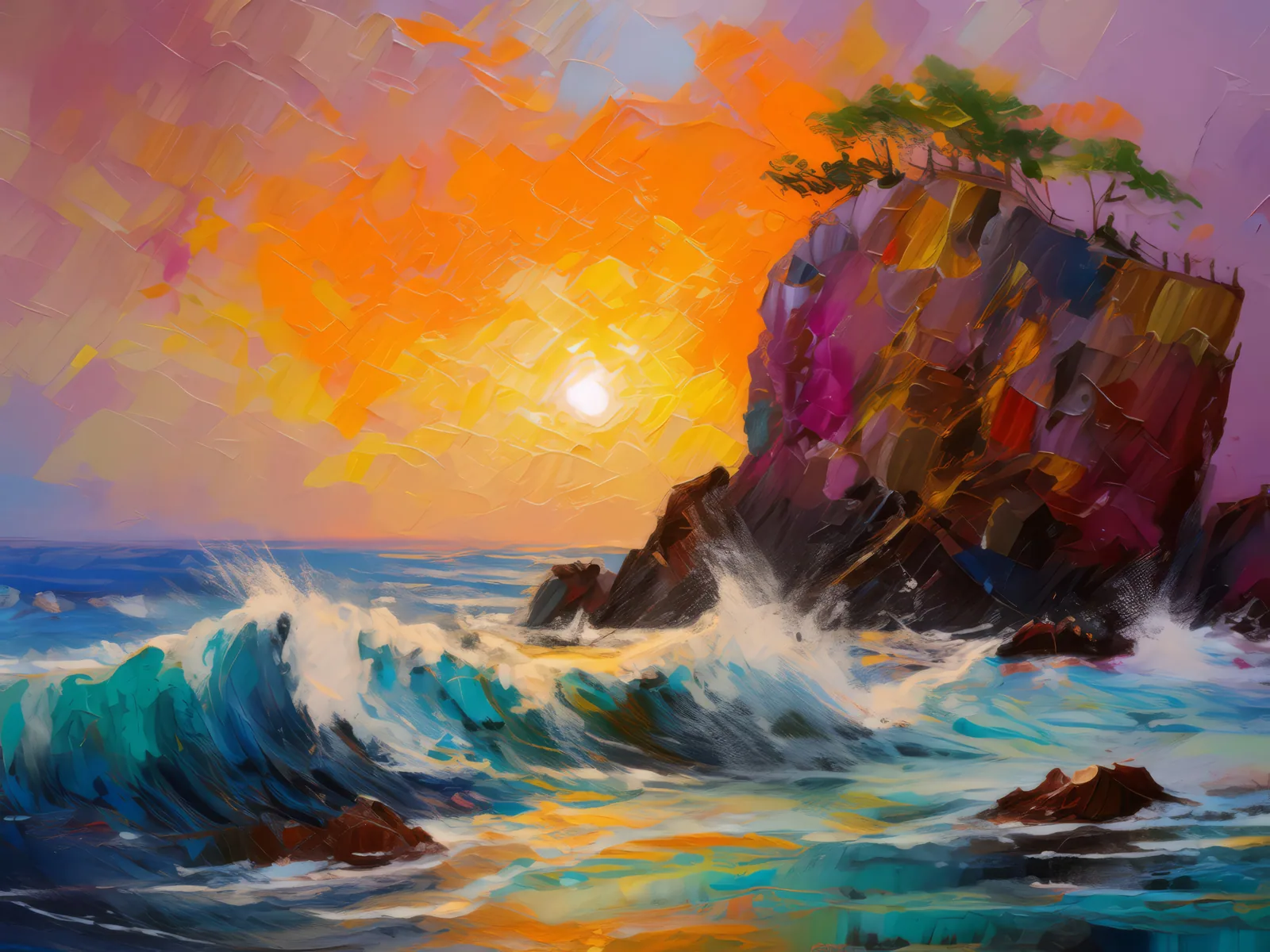Coastal Crag Seascape, a palette-knife oil landscape by Emma Mickelberg