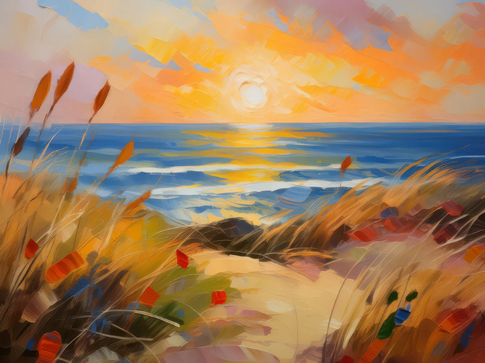 Coastal Dunes at Sunset, a palette-knife oil landscape by Emma Mickelberg