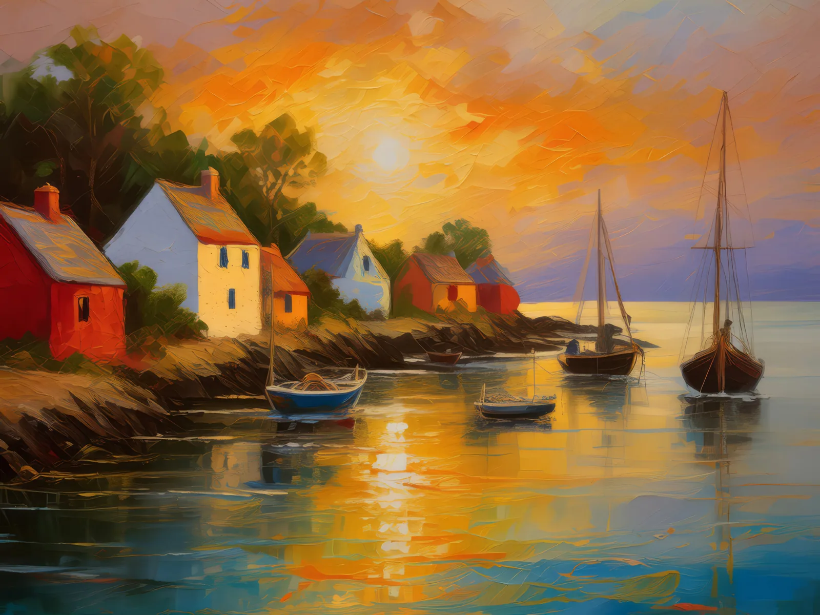 Coastal Fishing Village at Dusk, a palette-knife oil landscape by Emma Mickelberg