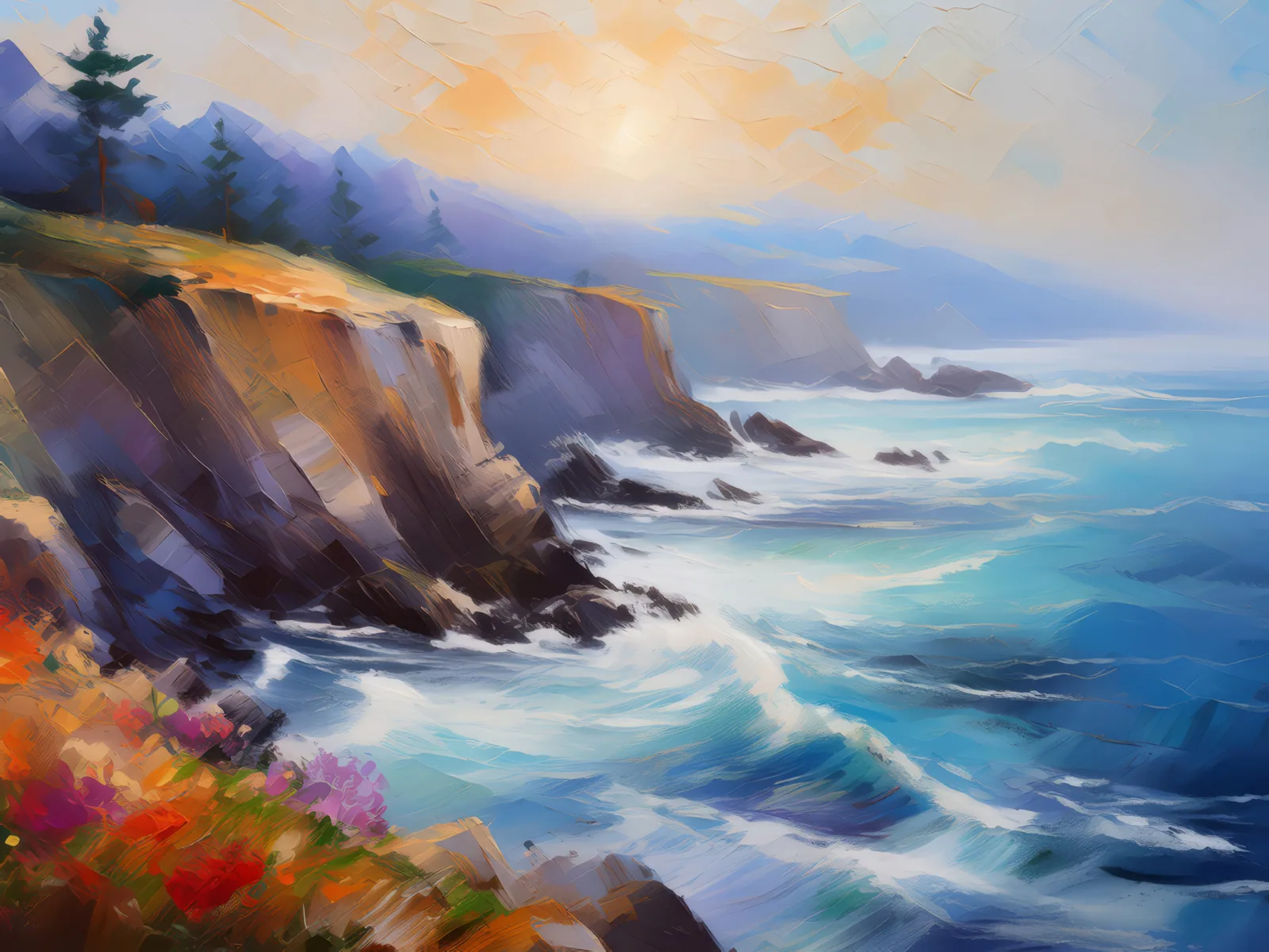 Coastal Fog Morning, a palette-knife oil landscape by Emma Mickelberg
