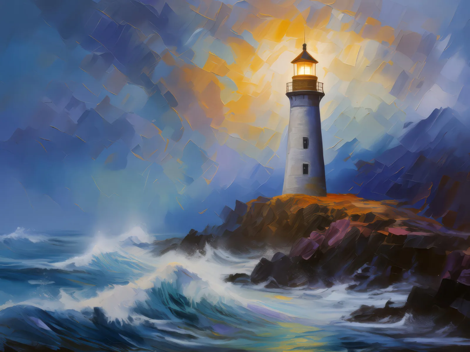 Coastal Lighthouse at Night, a palette-knife oil landscape by Emma Mickelberg