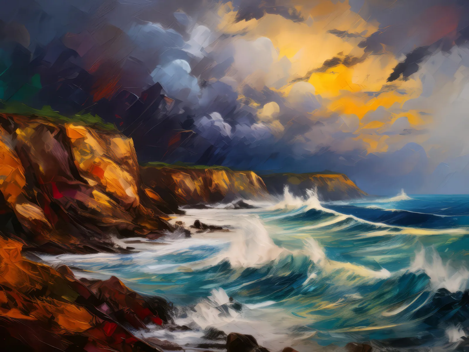 Coastal Storm Brewing, a palette-knife oil landscape by Emma Mickelberg