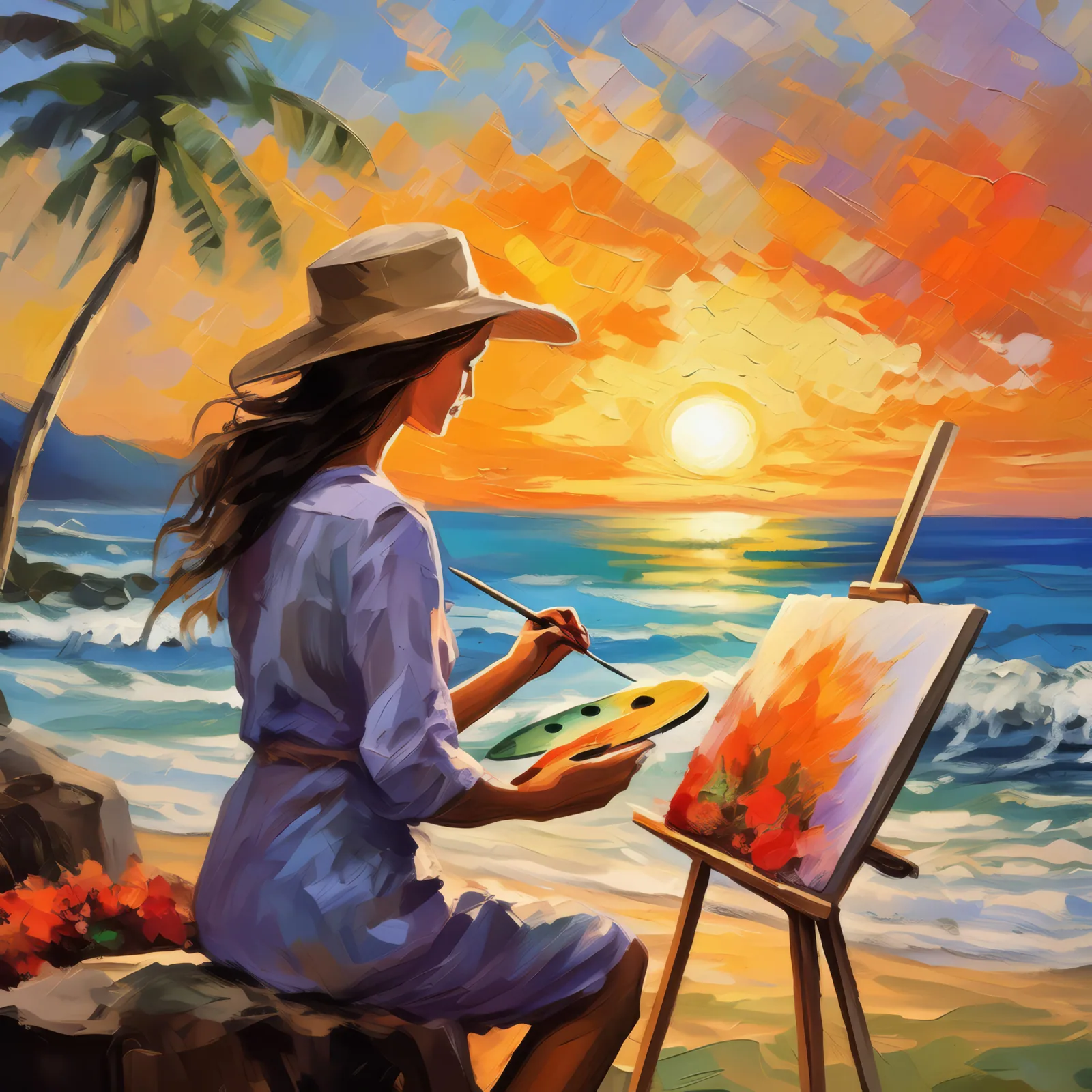 Coastal Sunset Painting, a palette-knife oil landscape by Emma Mickelberg