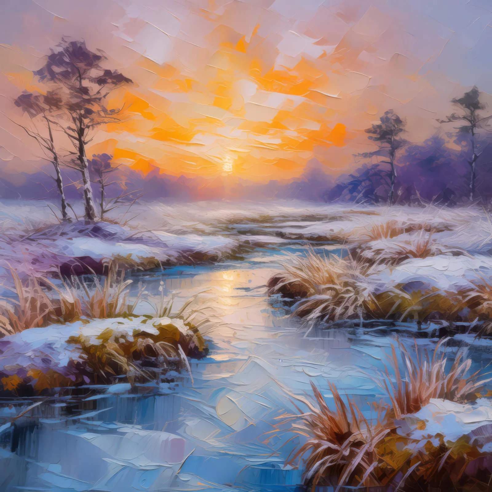 Cold Dawn on the Moor, a palette-knife oil landscape by Emma Mickelberg