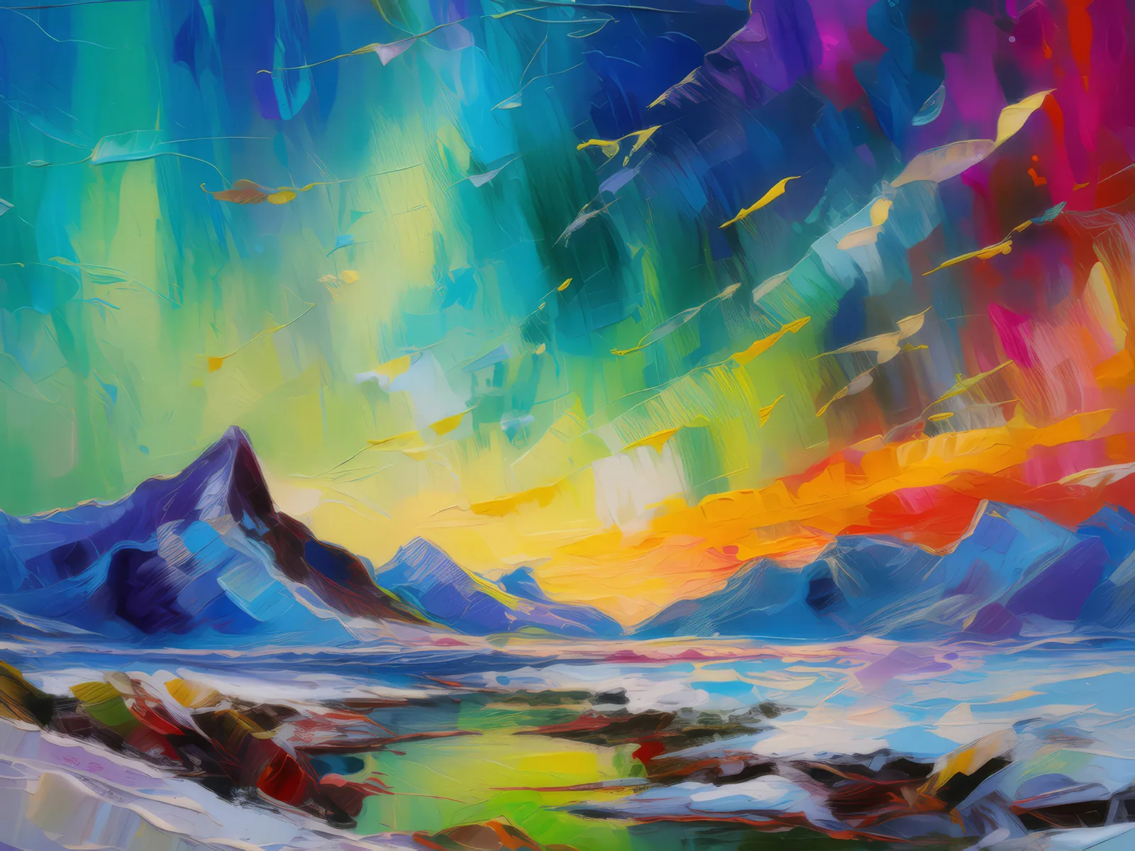 Colorful Aurora Over Arctic Desert, a palette-knife oil landscape by Emma Mickelberg