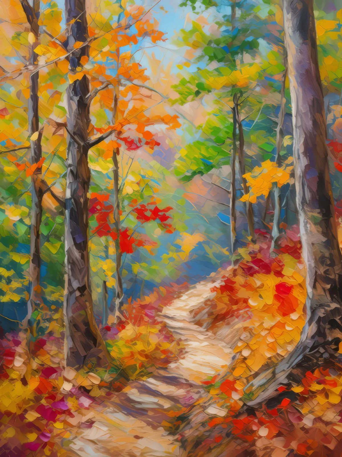 Colorful Autumn Trail, a palette-knife oil landscape by Emma Mickelberg