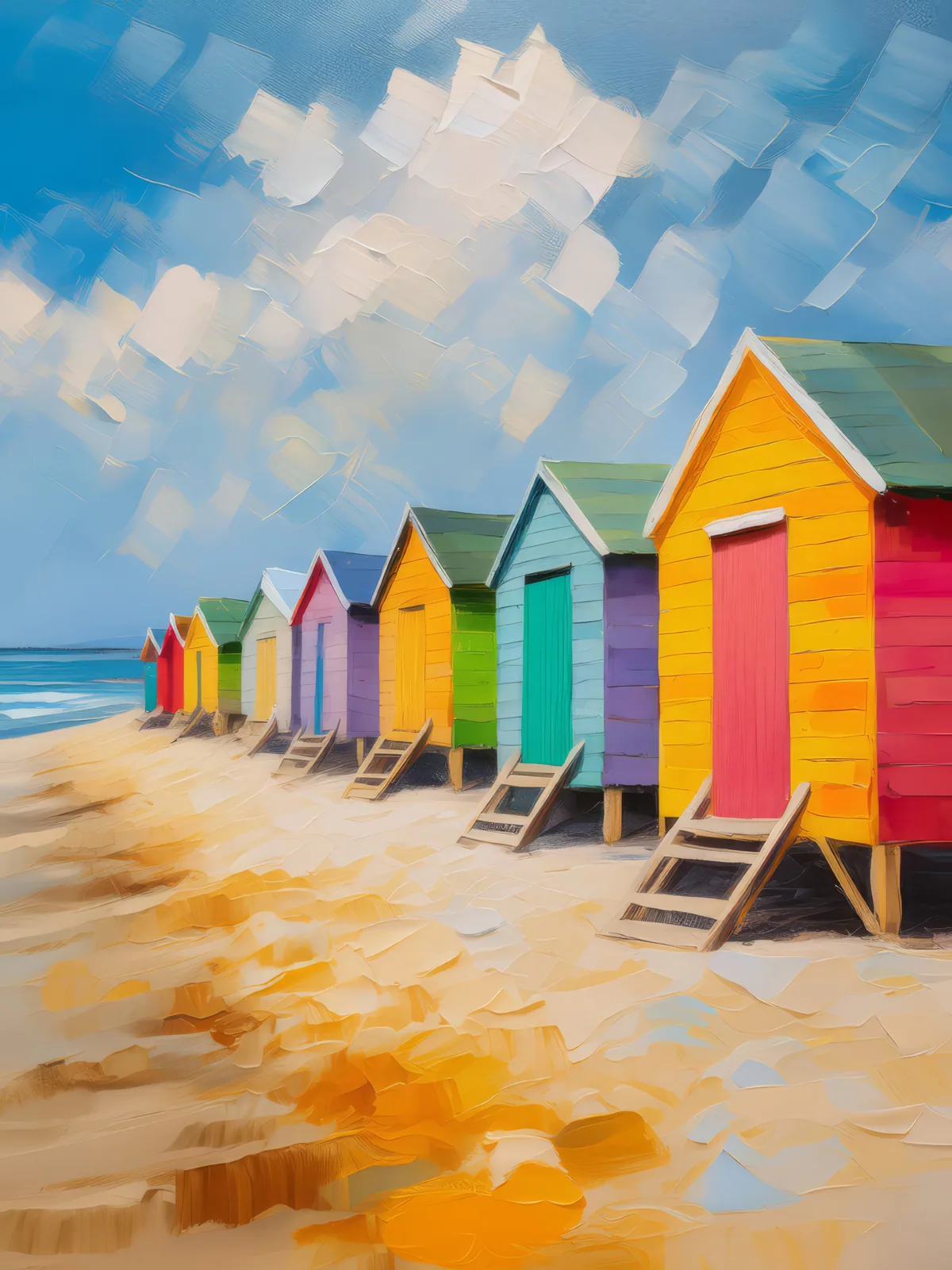 Colorful Beach Huts, a palette-knife oil landscape by Emma Mickelberg