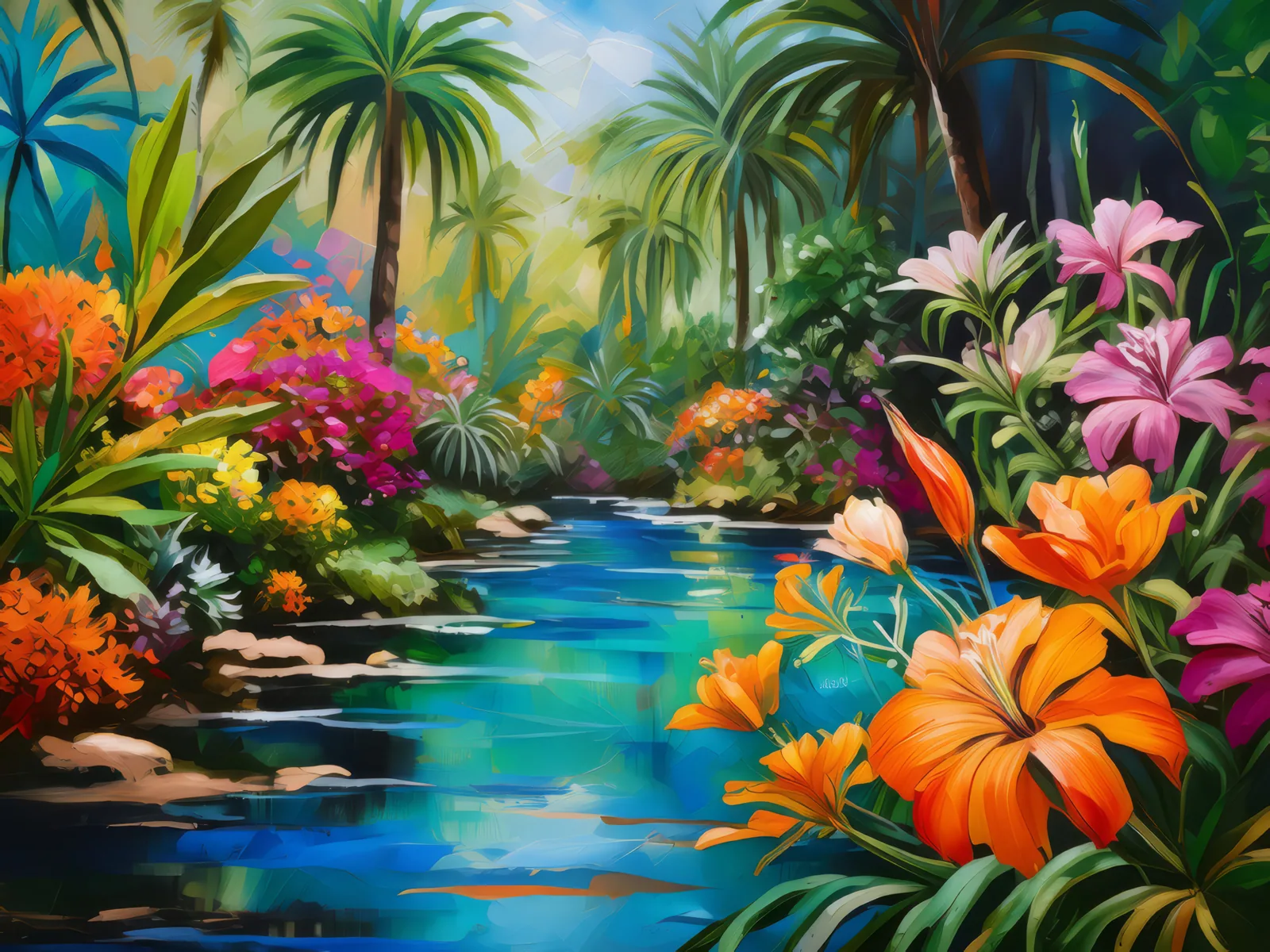 Colorful Oasis Garden, a palette-knife oil landscape by Emma Mickelberg