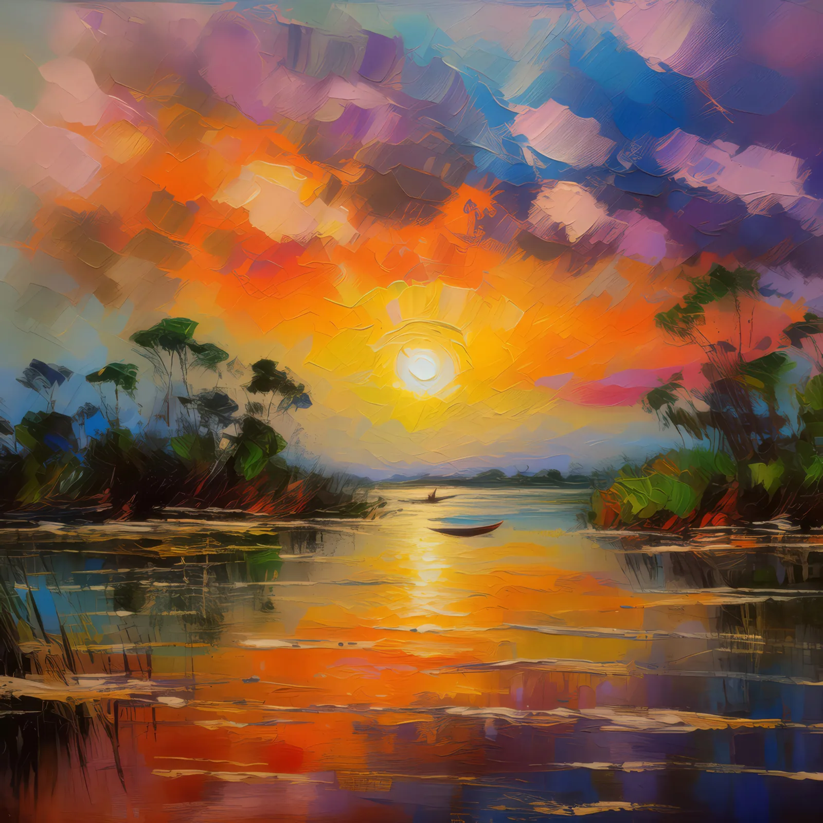Colors of the Delta Sunset, a palette-knife oil landscape by Emma Mickelberg