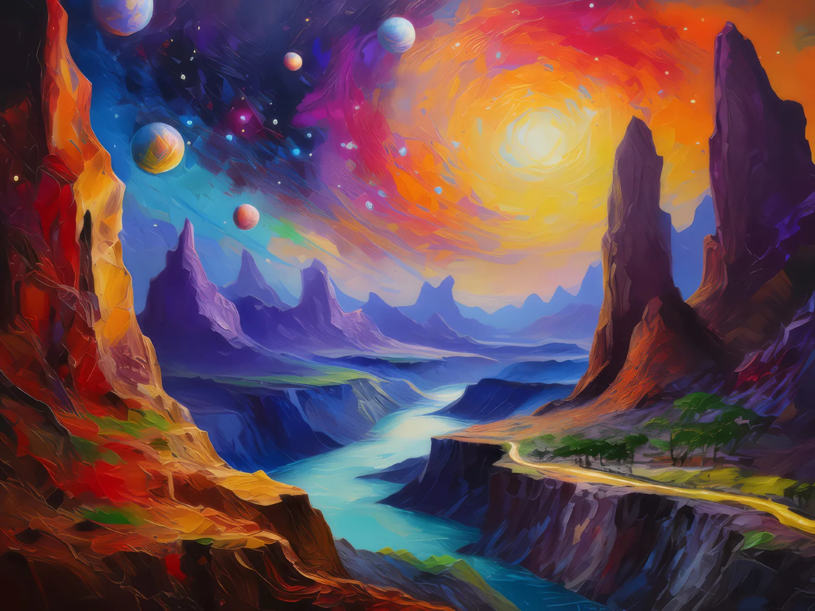 Cosmic Rift Chasm, a palette-knife oil landscape by Emma Mickelberg
