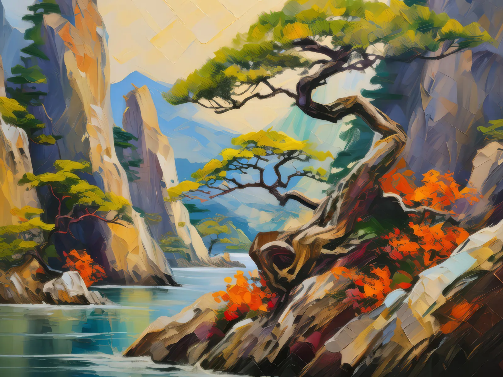Crag Bonsai Oasis, a palette-knife oil landscape by Emma Mickelberg