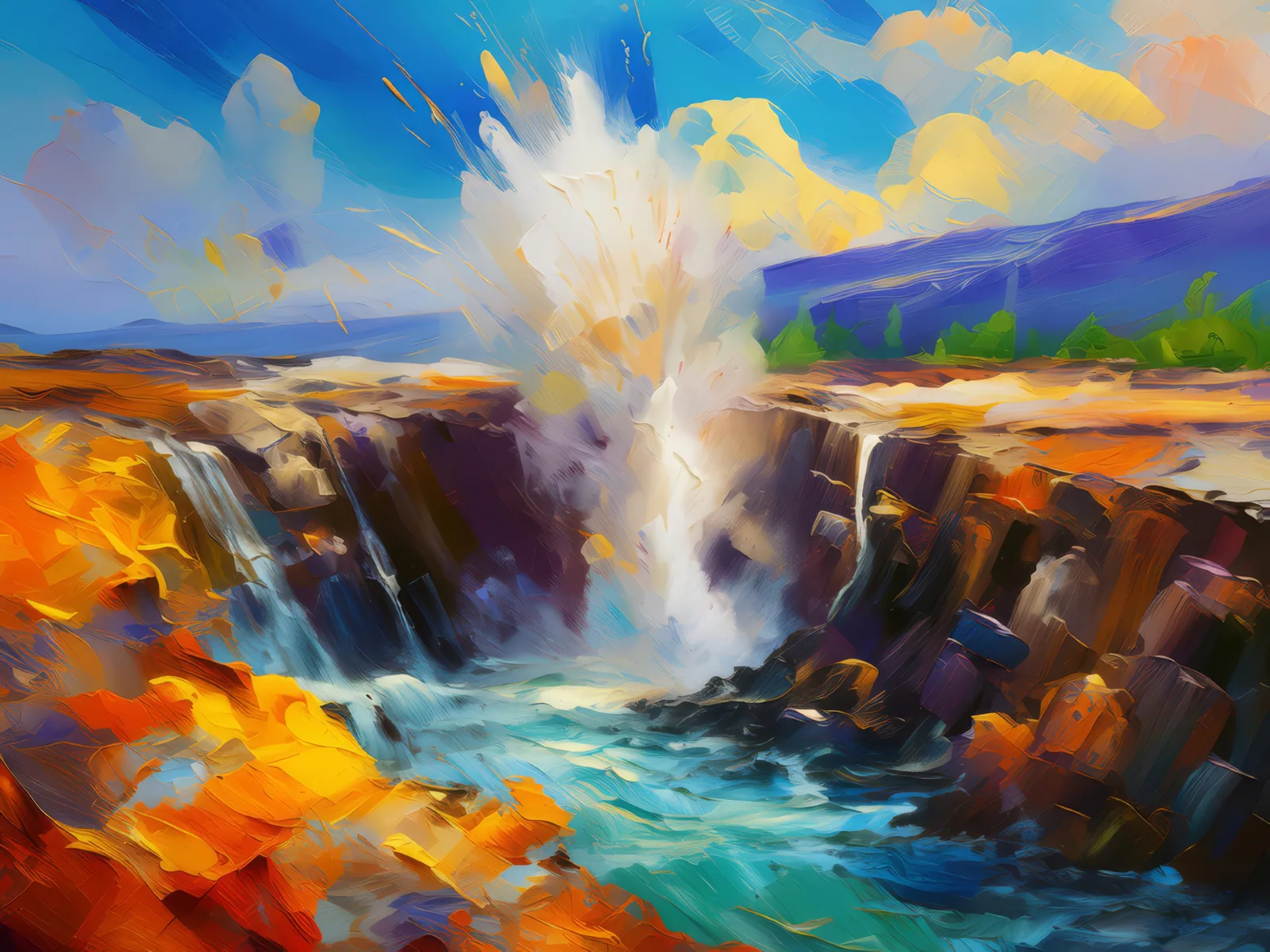 Crag Geyser Eruption, a palette-knife oil landscape by Emma Mickelberg