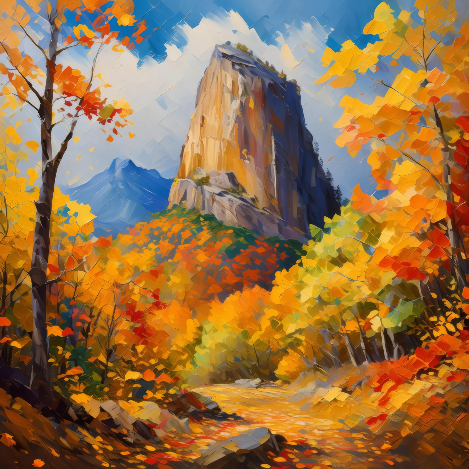 Crag in Autumn Forest, a palette-knife oil landscape by Emma Mickelberg