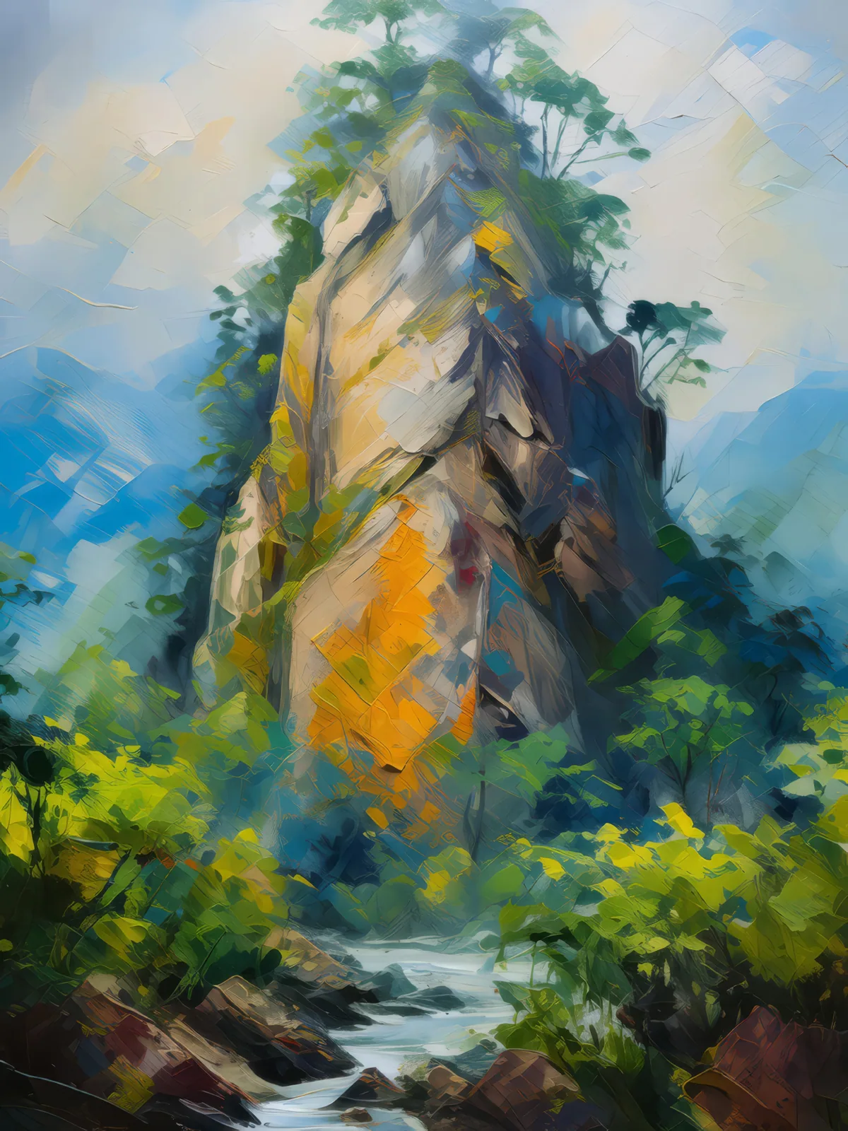 Crag in Misty Forest, a palette-knife oil landscape by Emma Mickelberg