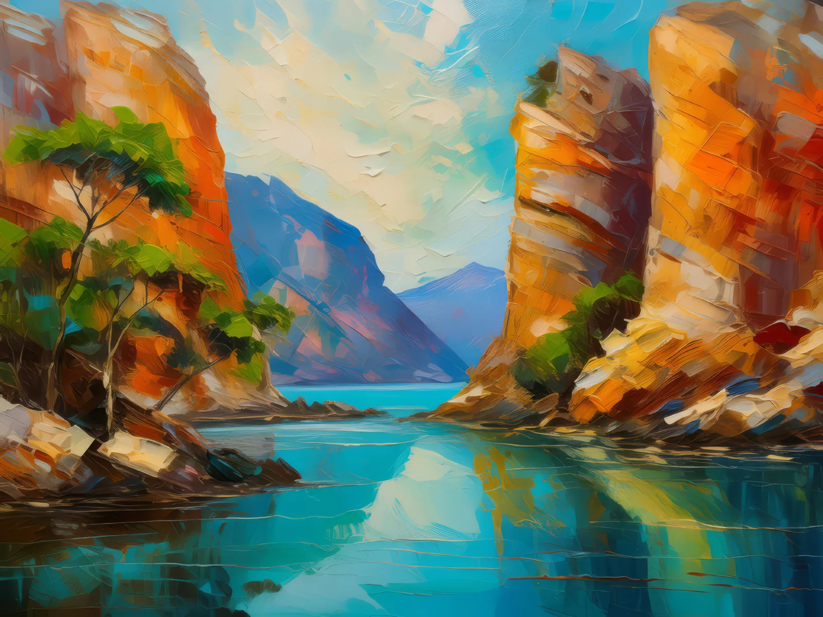 Crag Oasis Mirage, a palette-knife oil landscape by Emma Mickelberg
