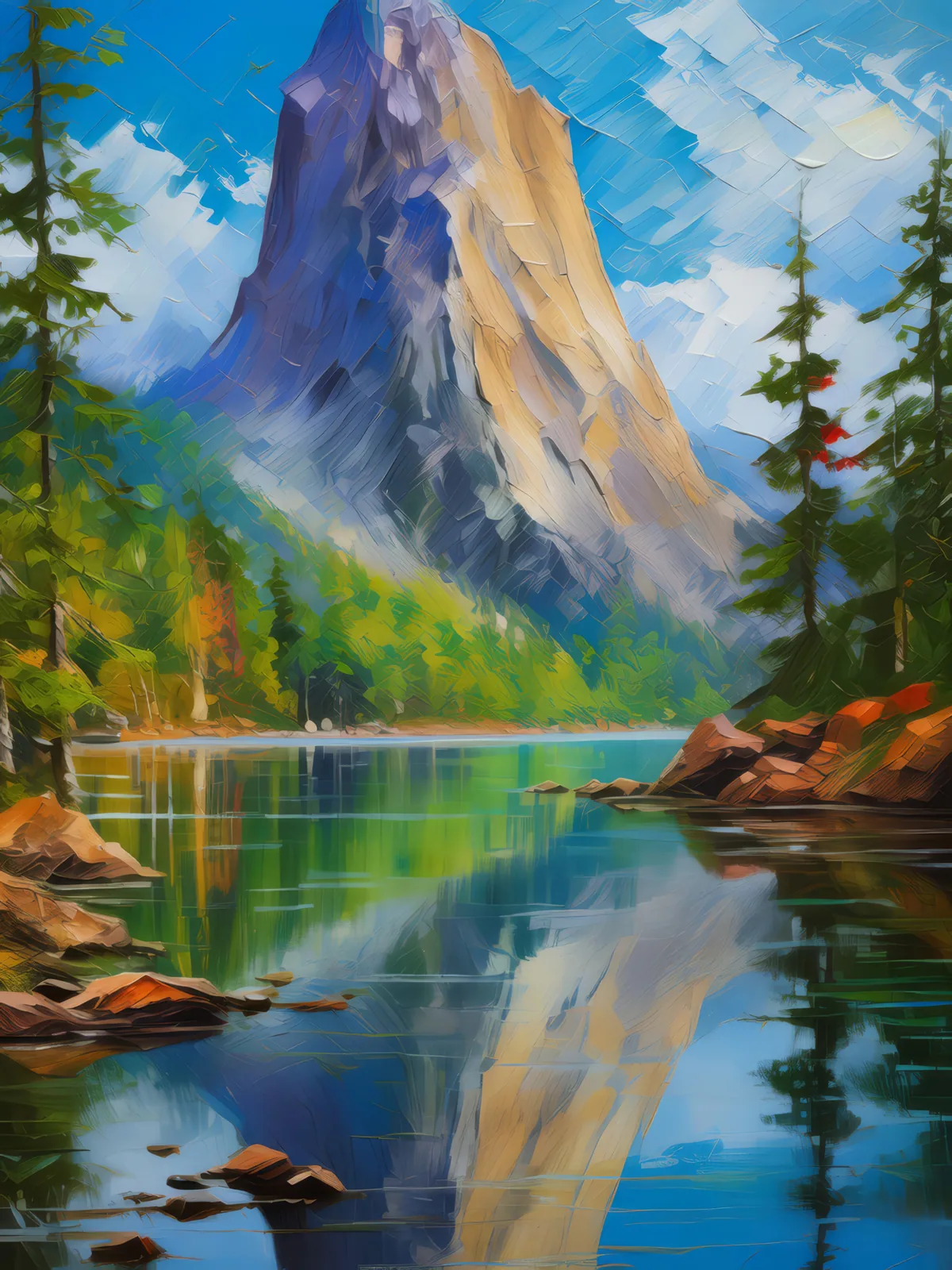 Crag Reflected in Lake, a palette-knife oil landscape by Emma Mickelberg
