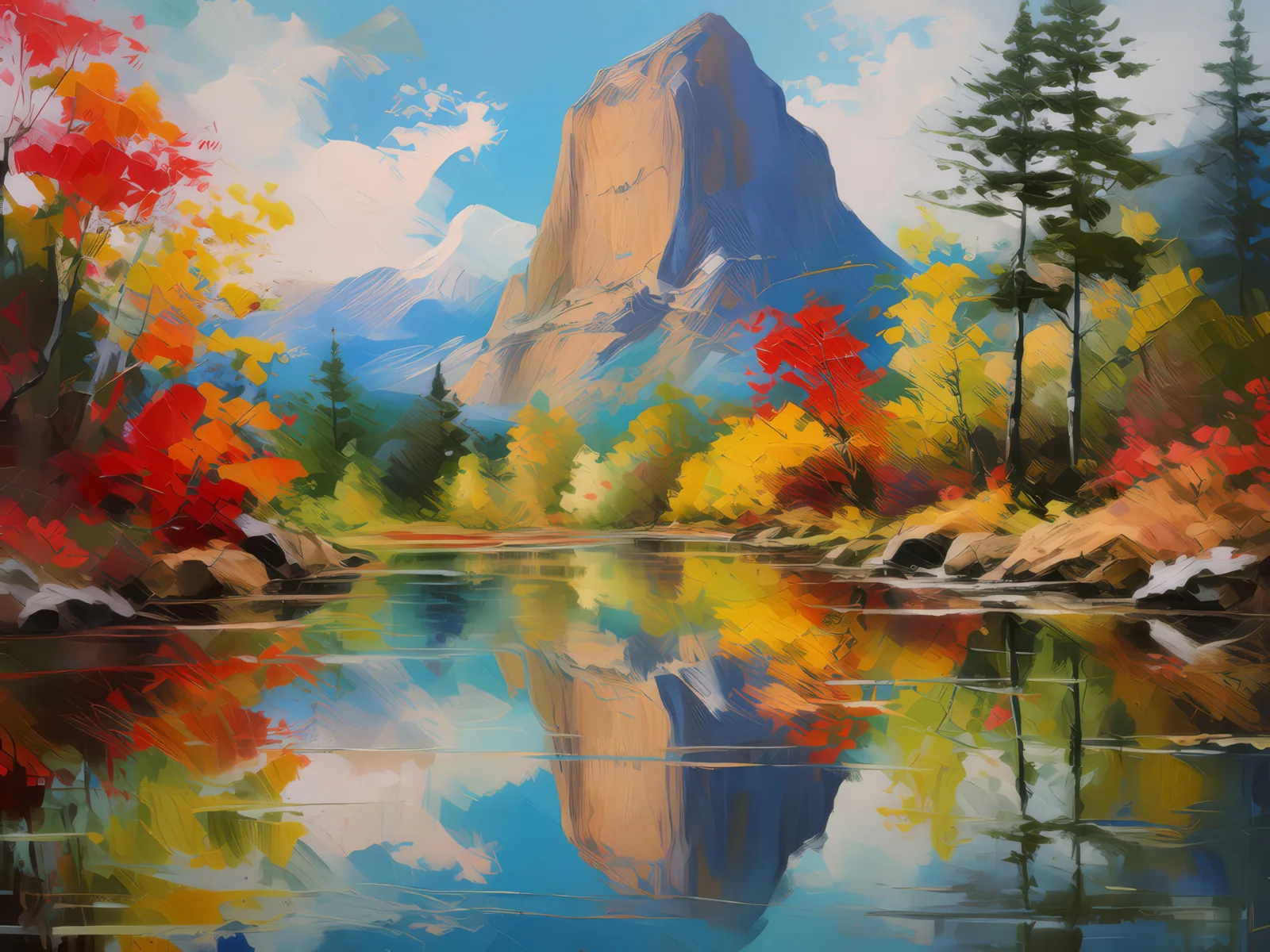 Crag Reflection in Pond, a palette-knife oil landscape by Emma Mickelberg