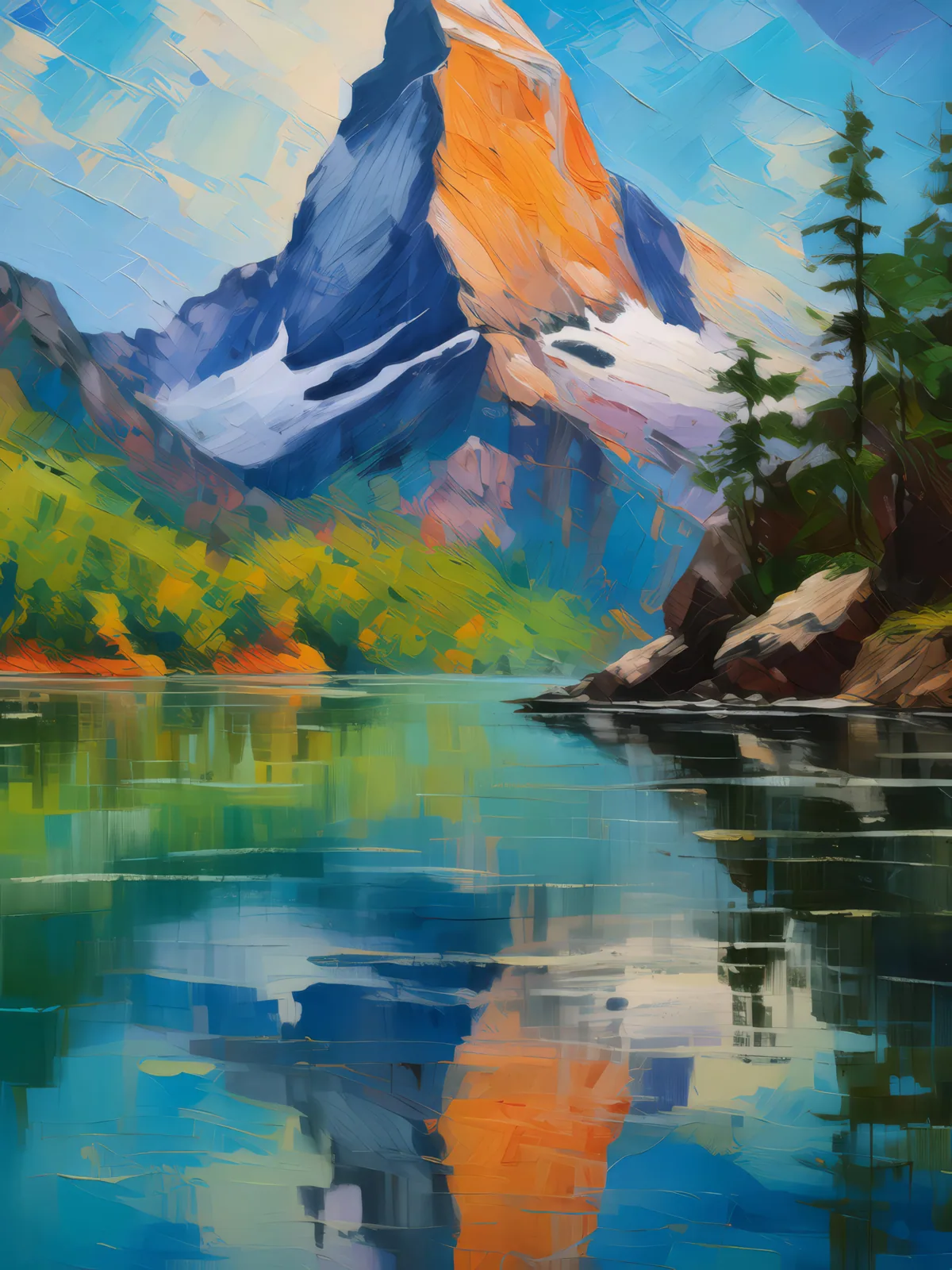 Crag Reflection Reverie, a palette-knife oil landscape by Emma Mickelberg
