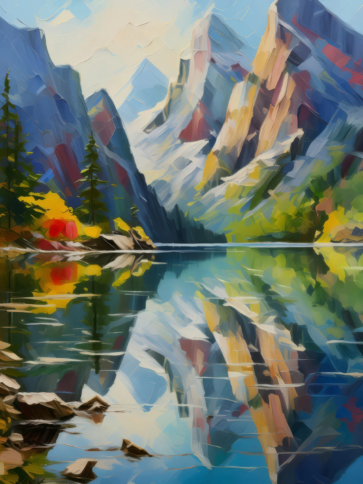 Crag Reflection Rhapsody, a palette-knife oil landscape by Emma Mickelberg