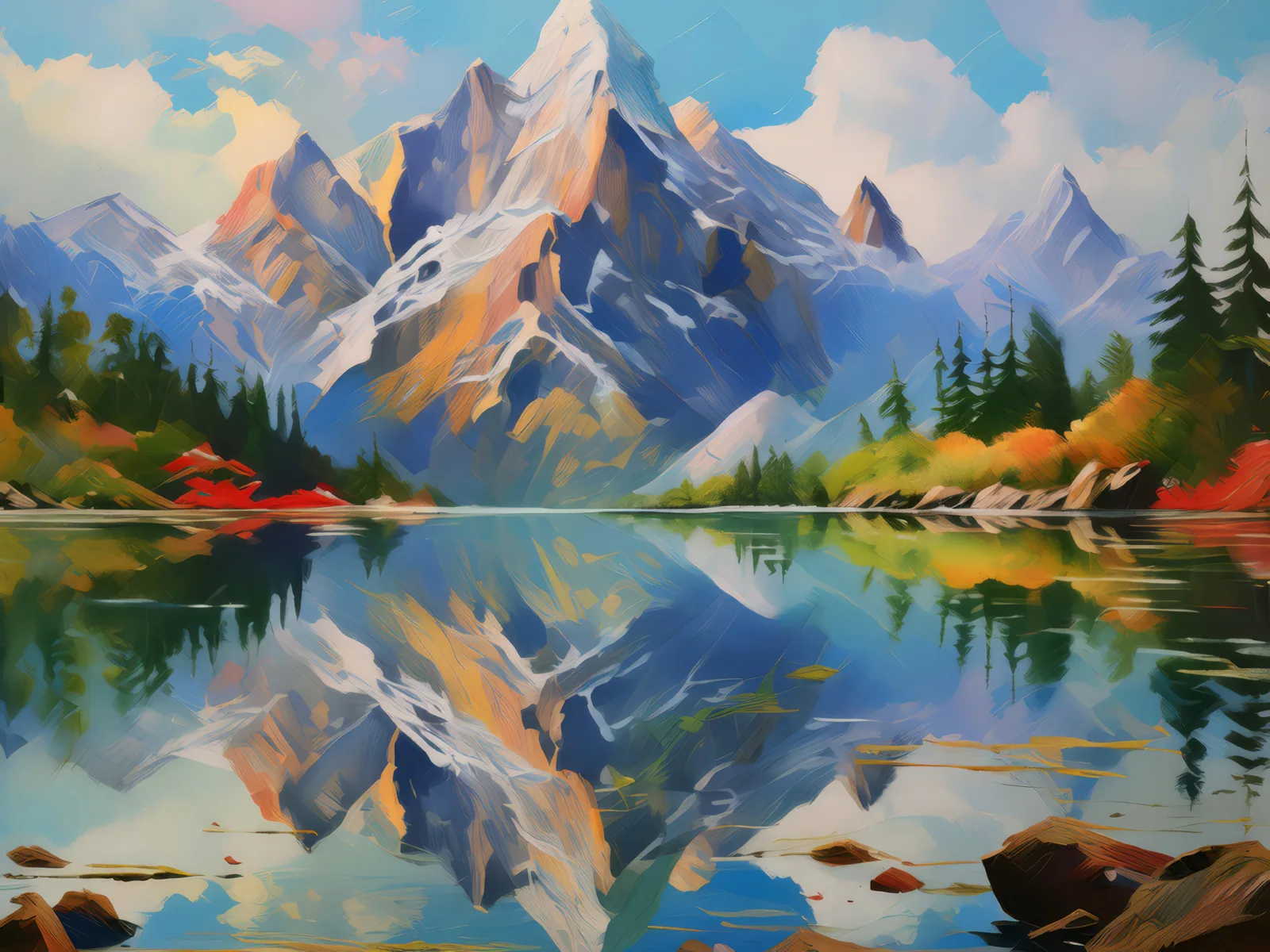 Crag Reflection Symmetry, a palette-knife oil landscape by Emma Mickelberg