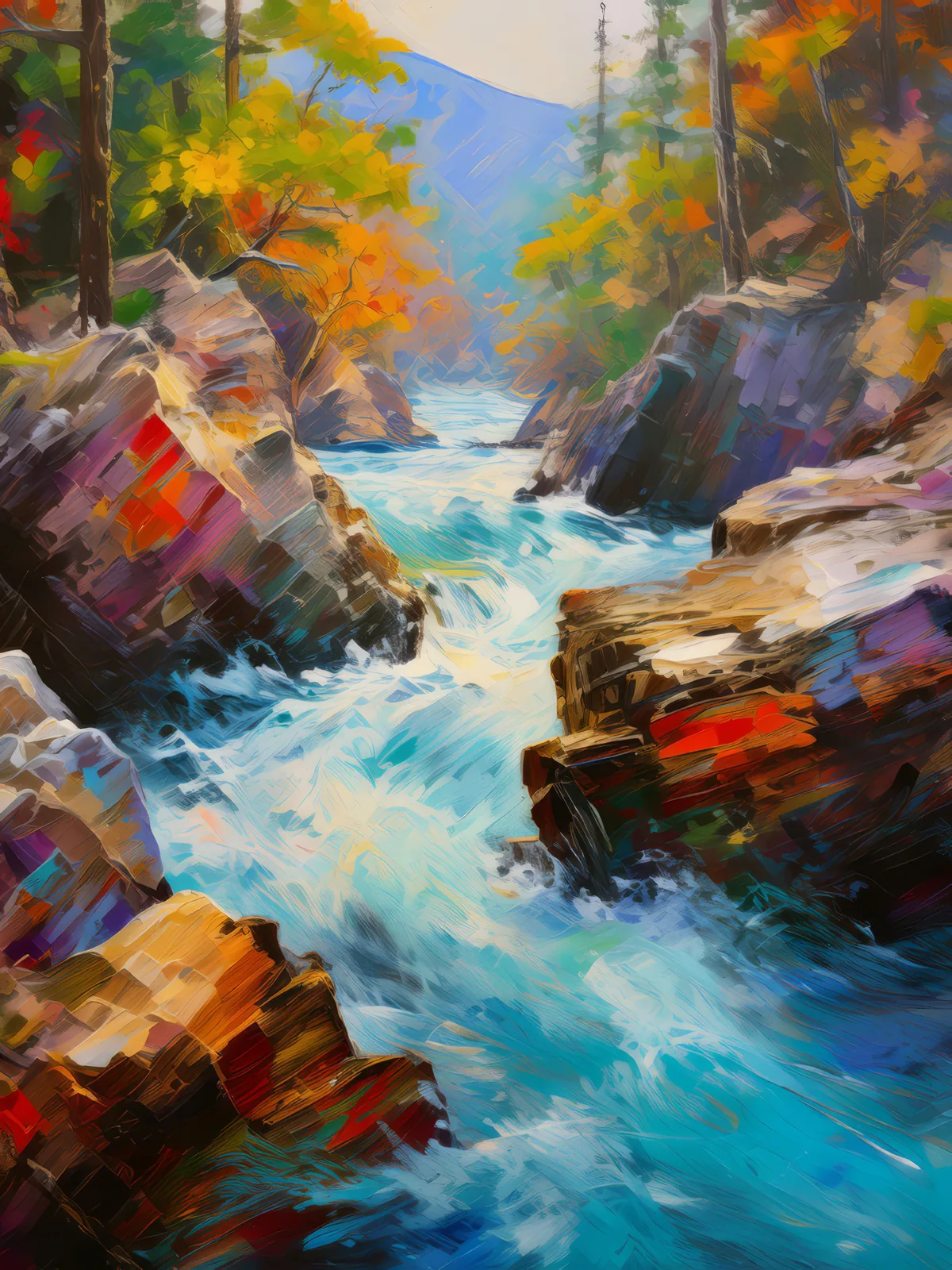 Crag River Rapids, a palette-knife oil landscape by Emma Mickelberg