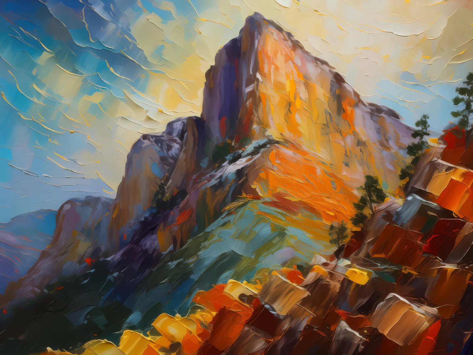 Crag Shadow Symphony, a palette-knife oil landscape by Emma Mickelberg