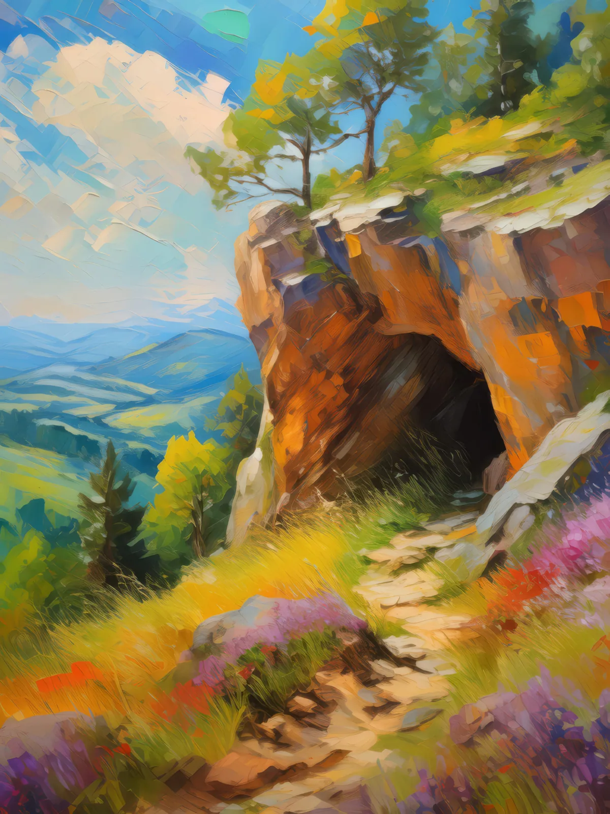 Crag Shelter Cave, a palette-knife oil landscape by Emma Mickelberg