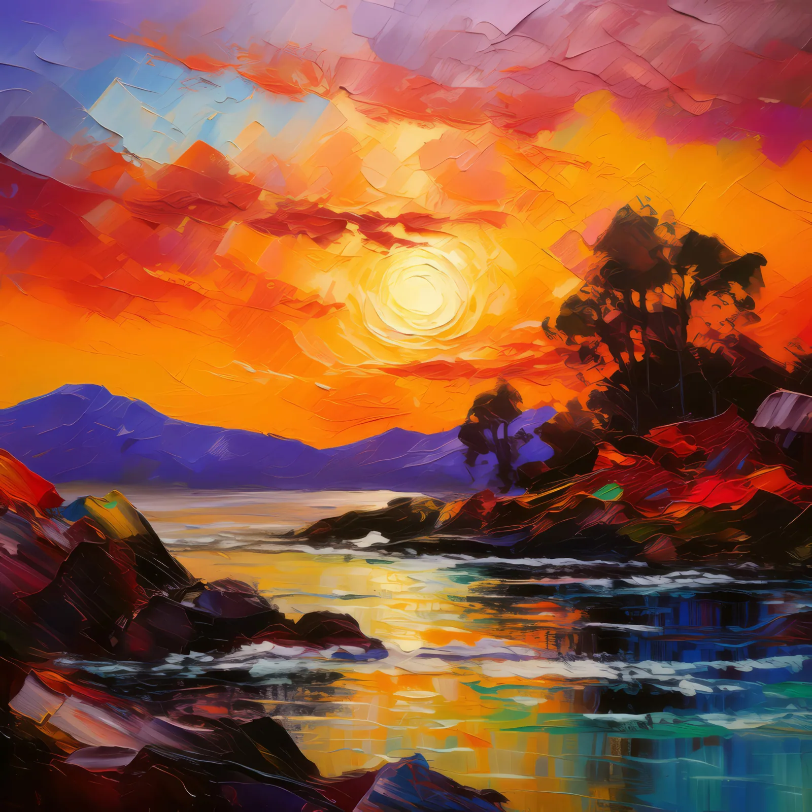 Crag Sunset Silhouette, a palette-knife oil landscape by Emma Mickelberg