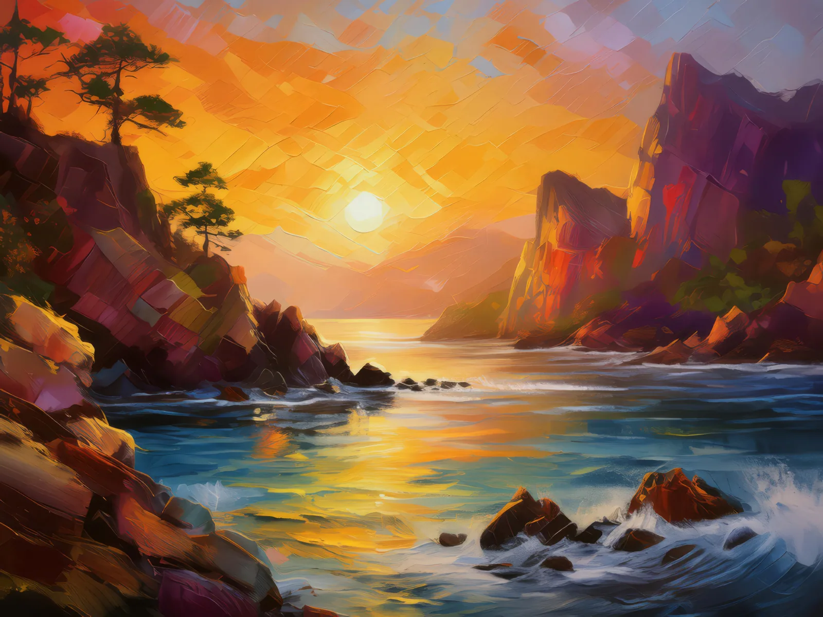 Crag Sunset Sonata, a palette-knife oil landscape by Emma Mickelberg