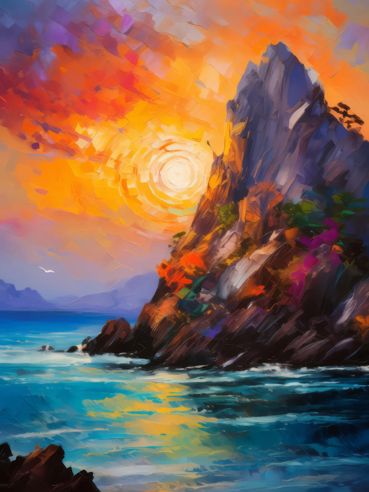 Crag Sunset Symphony, a palette-knife oil landscape by Emma Mickelberg