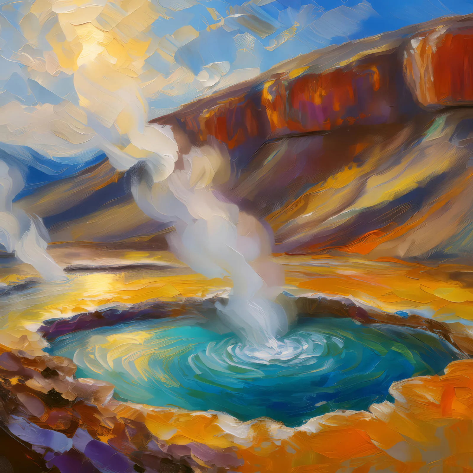 Crag Thermal Pool, a palette-knife oil landscape by Emma Mickelberg