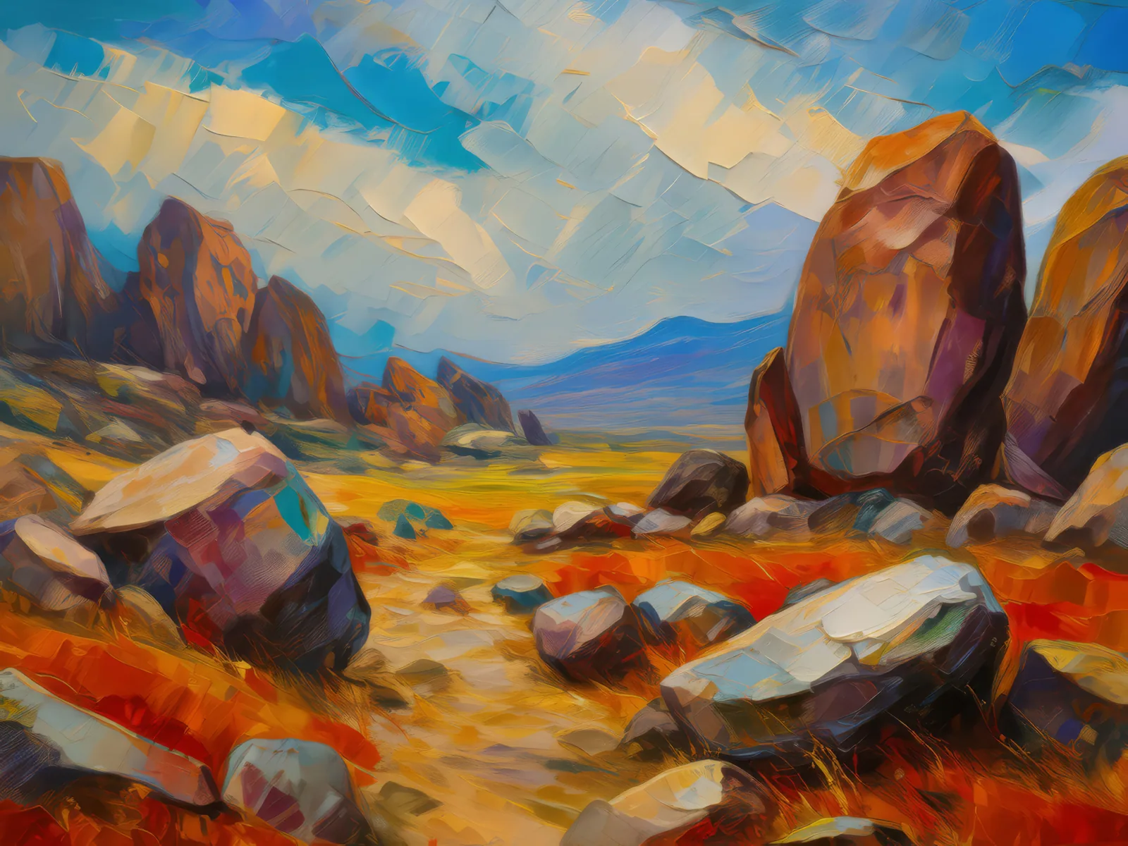 Crag Titans' Battlefield, a palette-knife oil landscape by Emma Mickelberg