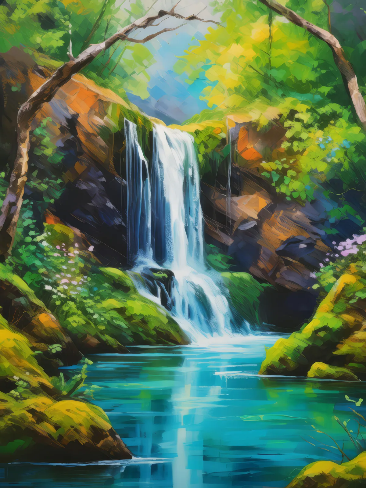 Crag Waterfall Oasis, a palette-knife oil landscape by Emma Mickelberg