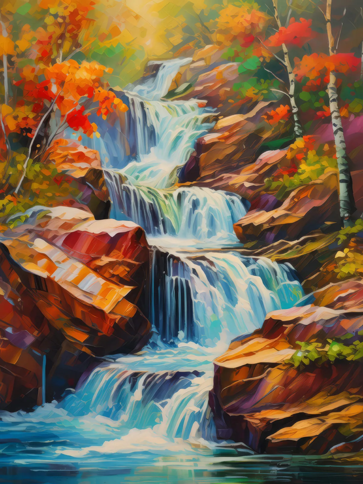Crag Waterfall Waltz, a palette-knife oil landscape by Emma Mickelberg