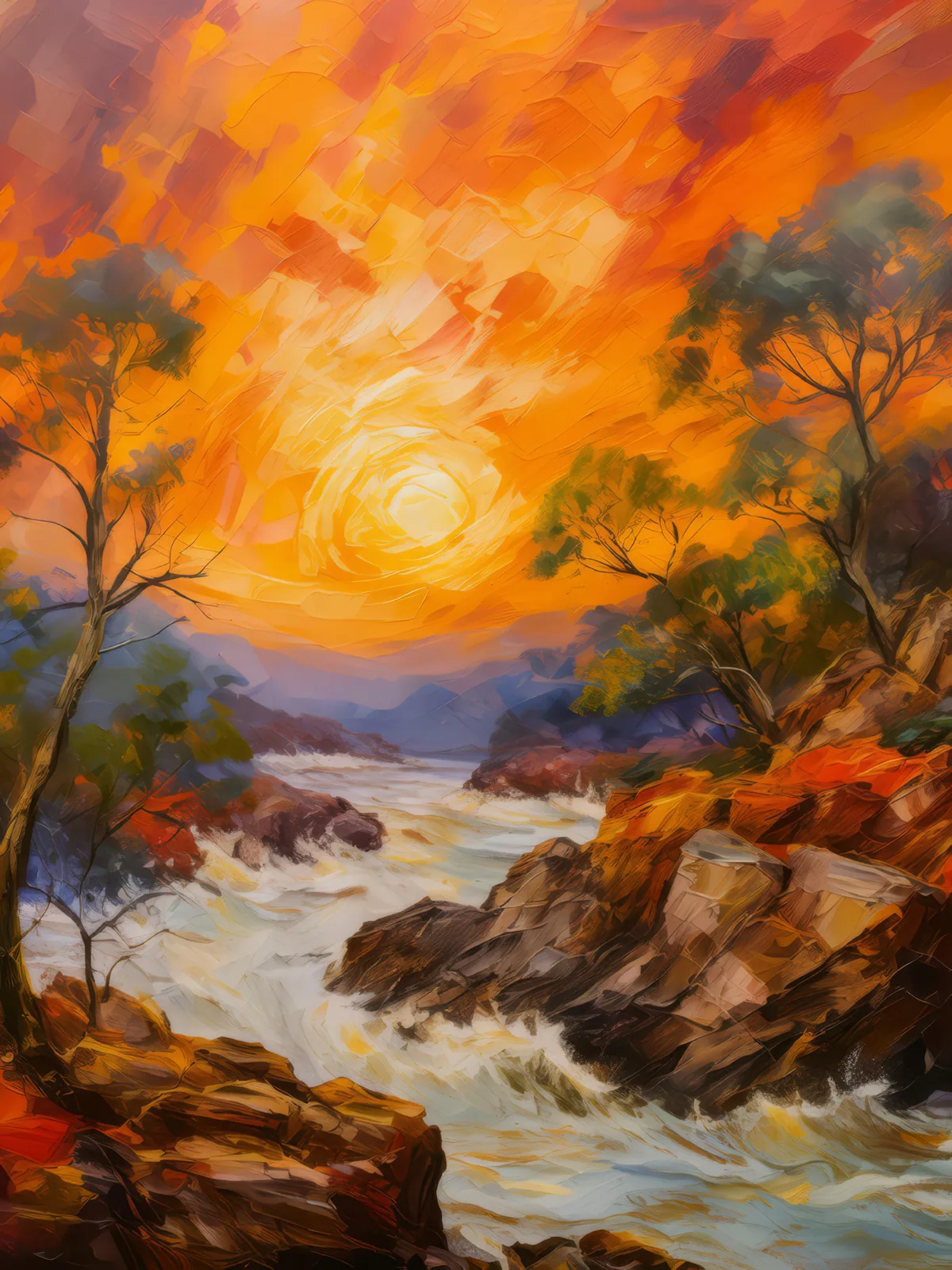 Crag Wildfire Inferno, a palette-knife oil landscape by Emma Mickelberg