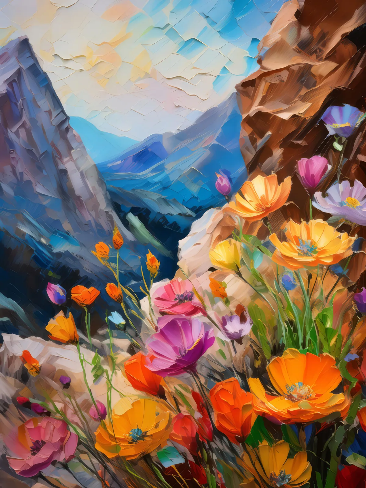 Crag Wildflower Oasis, a palette-knife oil landscape by Emma Mickelberg