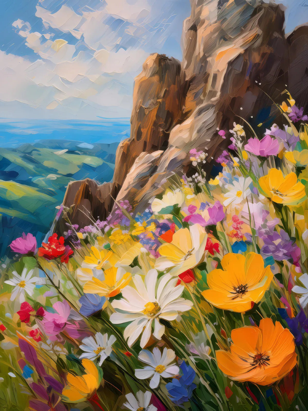 Crag Wildflower Rhapsody, a palette-knife oil landscape by Emma Mickelberg