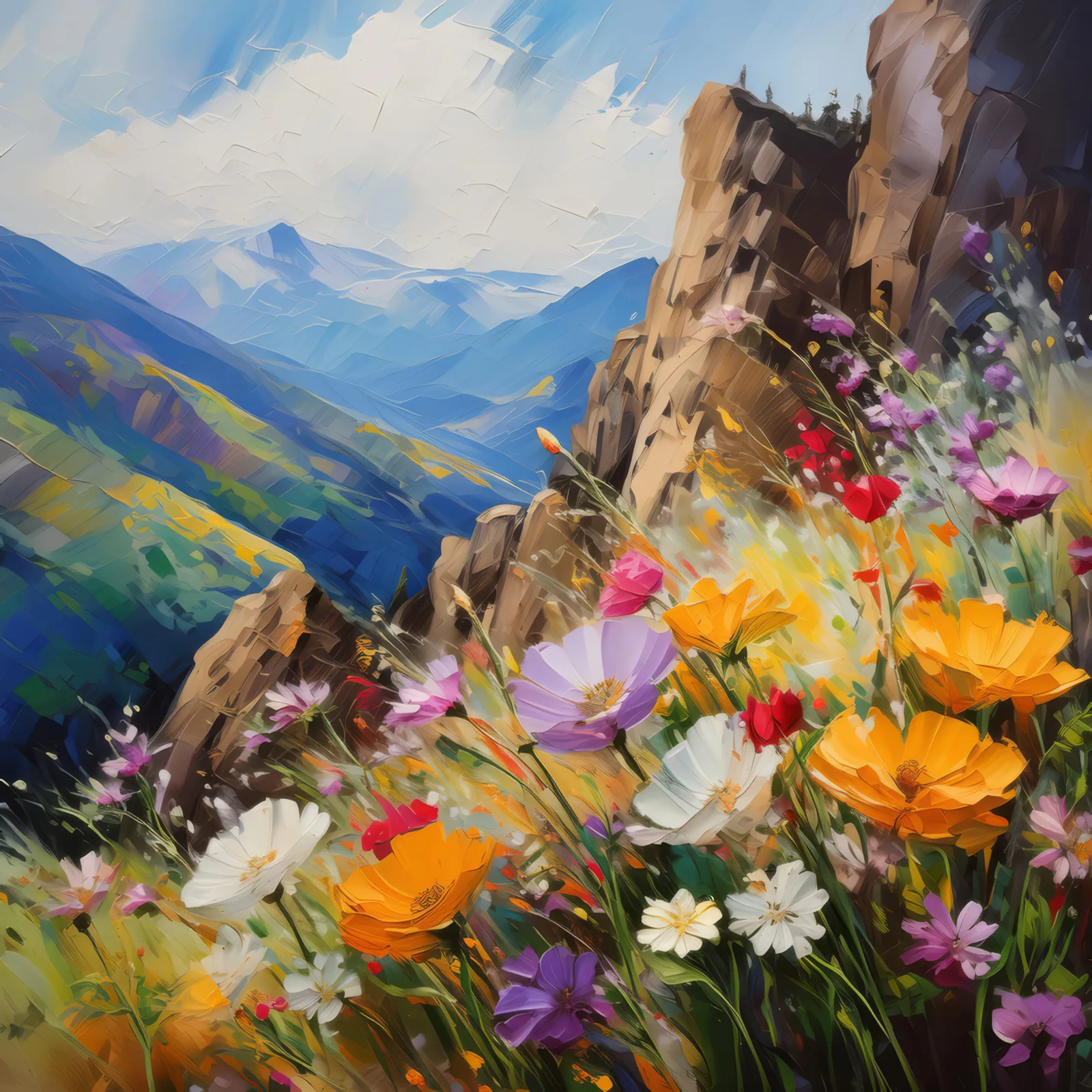 Crag Wildflower Waltz, a palette-knife oil landscape by Emma Mickelberg